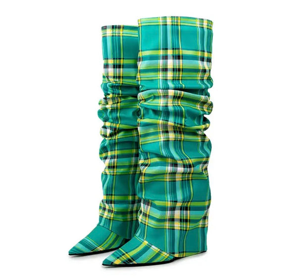 Women Fashion Color Plaid Wedge Platform Ruched Knee High Boots