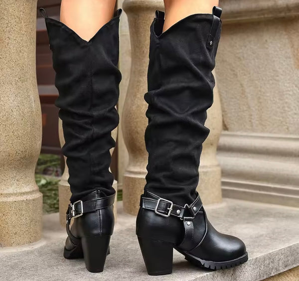 Women Fashion Buckled Chunky Heel Knee High Western Boots
