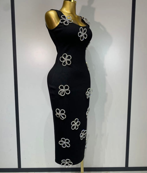 Women Sexy Sleeveless Black Bling Flower Patchwork Dress