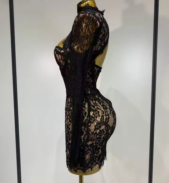 Women Black Sexy Turtleneck Full Sleeve Cut Out Lace Dress