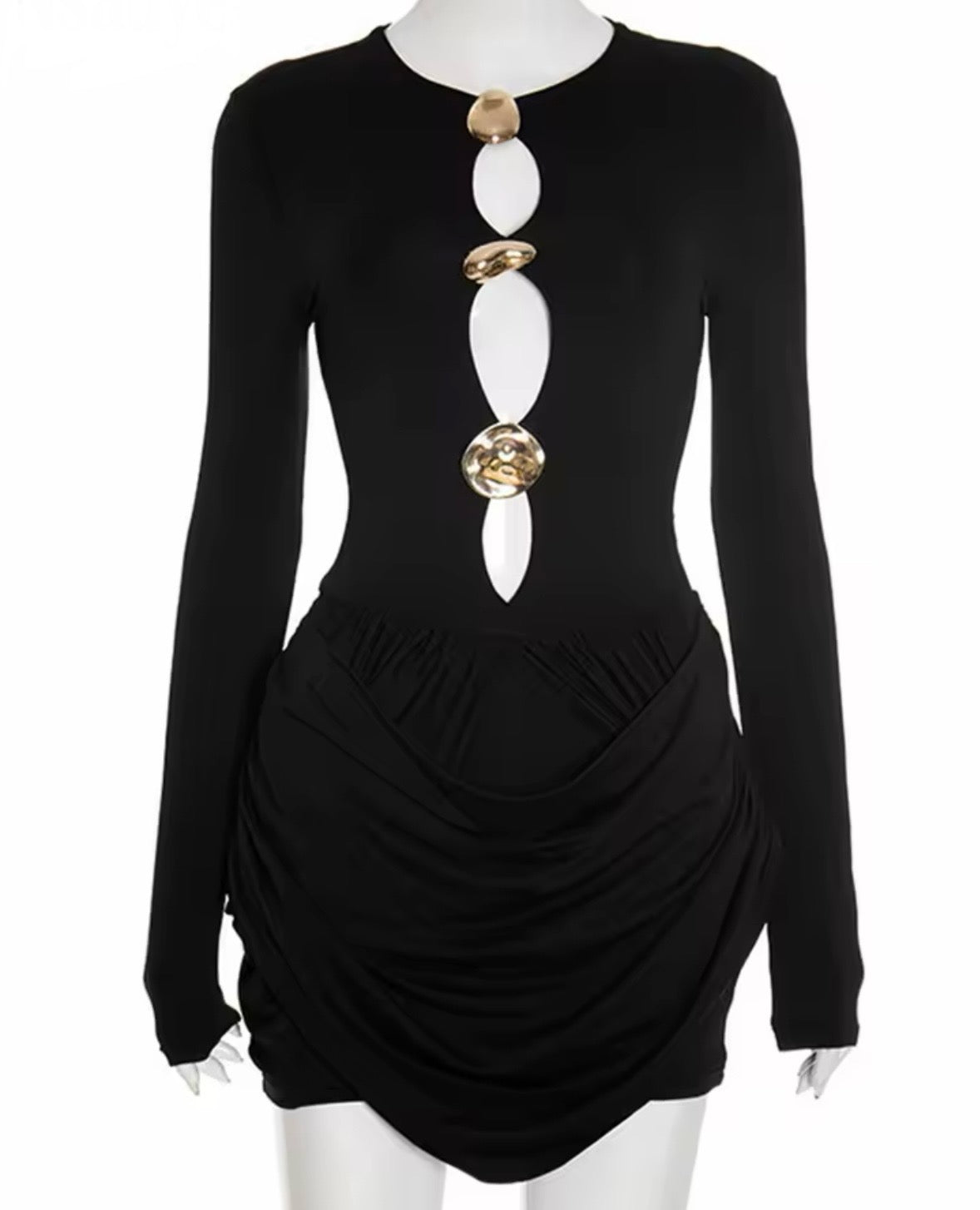 Women Sexy Gold Medal Cut Out Full Sleeve Draped Dress