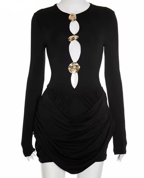Women Sexy Gold Medal Cut Out Full Sleeve Draped Dress