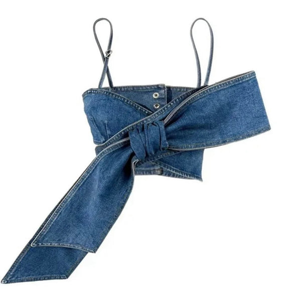 Women Sexy Fashion Sleeveless Tie Up Denim Two Piece Pant Set