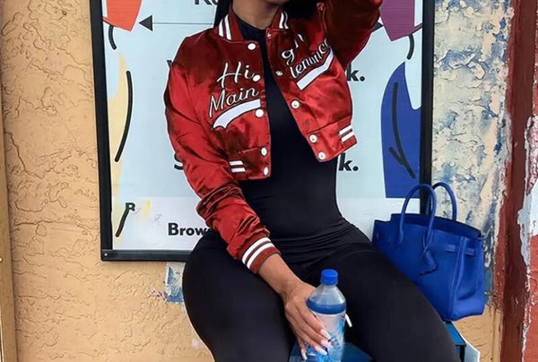 Women Fashion Letter Print Satin Varsity Crop Jacket