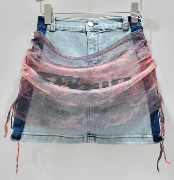 Women Fashion Color Patchwork Mesh Denim Skirt