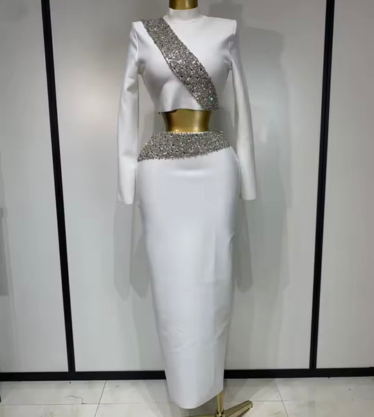 Women Beaded Bling Full Sleeve Sexy Two Piece Maxi Skirt Set