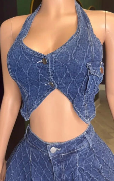 Women Sexy Denim Halter Two Piece Wrap Short Set