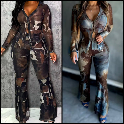 Women Fashion Printed Button Up Full Sleeve Two Piece Pant Set