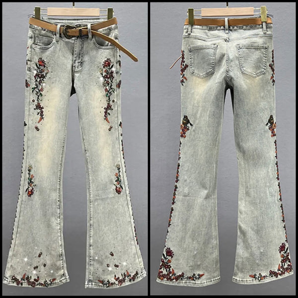 Women Fashion Embroidery Gem Print Denim Pants