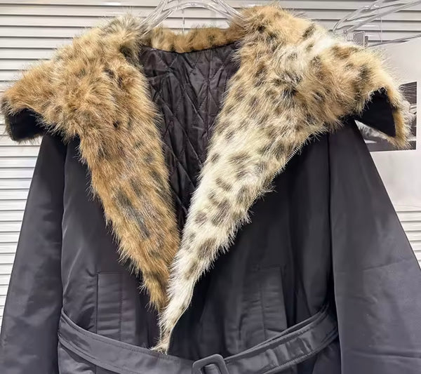 Women Black Leopard Faux Fur Patchwork Belted Jacket