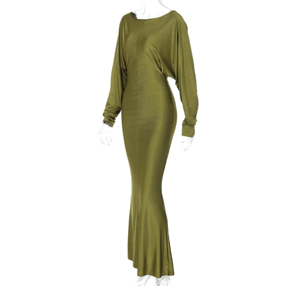 Women Sexy Solid Color Open Back Full Sleeve Maxi Dress