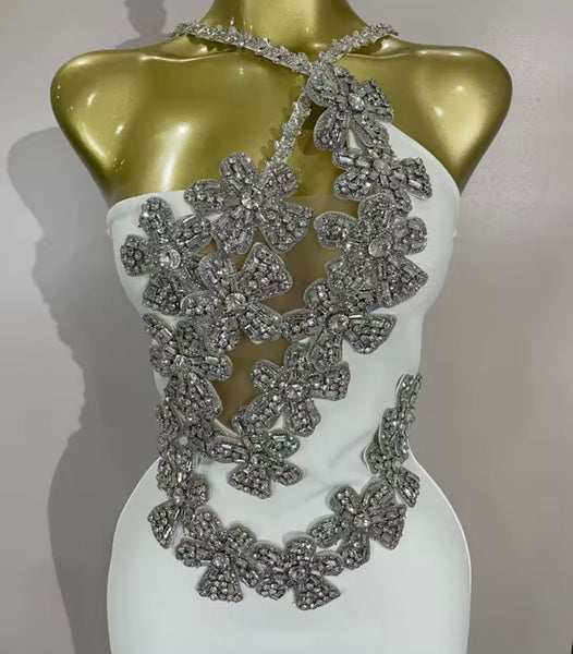 Women White Floral Rhinestone Sleeveless Sexy Maxi Dress