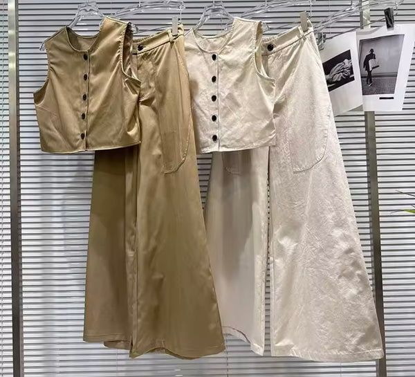 Women Button Up Sleeveless Vest Two Piece Wide Leg Pant Set