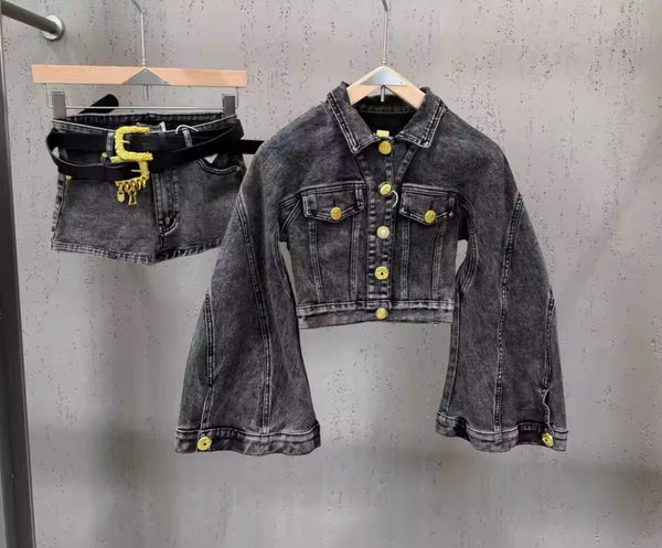 Women Fashion Button Up Denim Jacket Two Piece Short Set