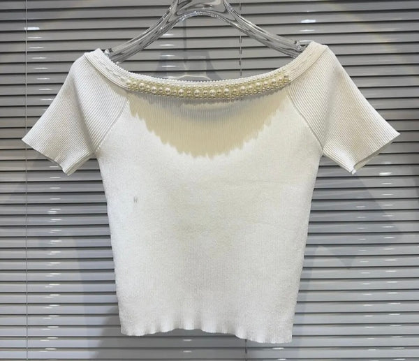 Women Fashion Ribbed Short Sleeve Pearl Patchwork Top