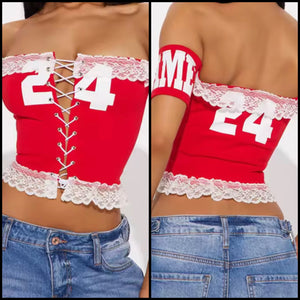 Women Off The Shoulder Short Sleeve Number Lace Tie Up Crop Top