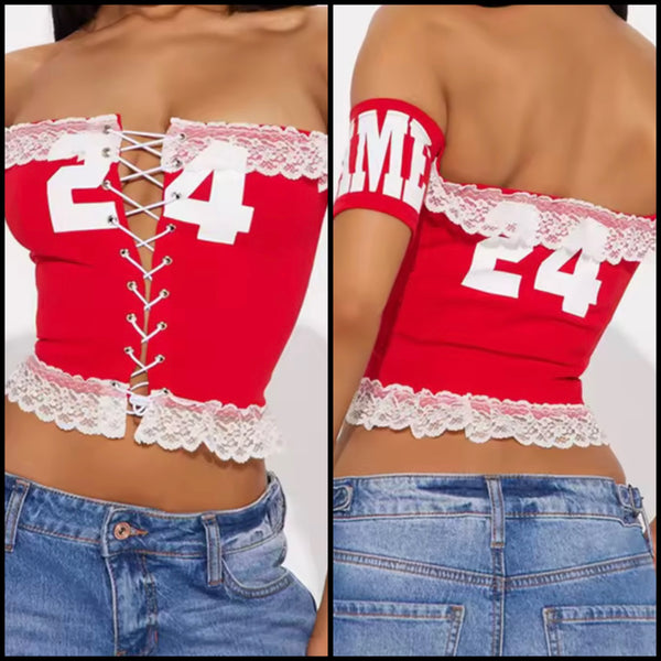 Women Off The Shoulder Short Sleeve Number Lace Tie Up Crop Top