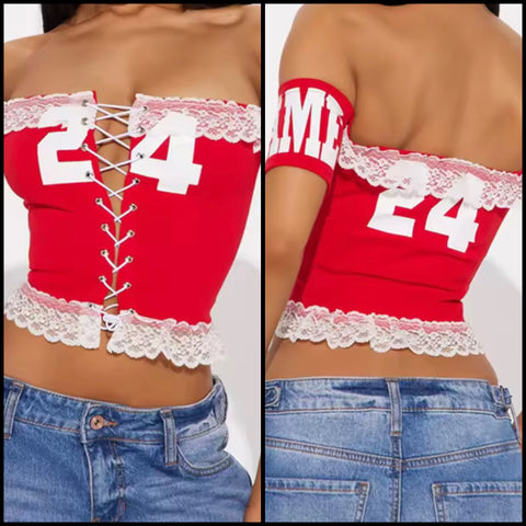 Women Off The Shoulder Short Sleeve Number Lace Tie Up Crop Top