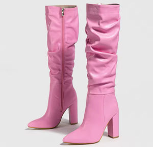 Women Fashion Solid Color Faux Leather Ruched Knee High Boots