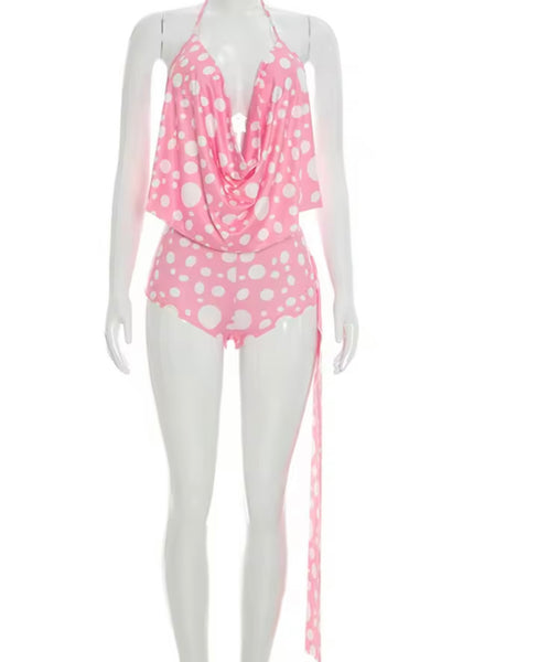 Women Sexy Halter Sleeveless Tassel Polka Dot Two Piece Short Set