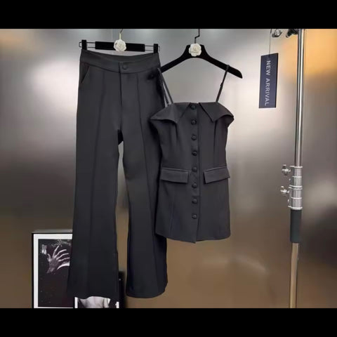 Women Fashion Sleeveless Black Button Up Two Piece Pant Set