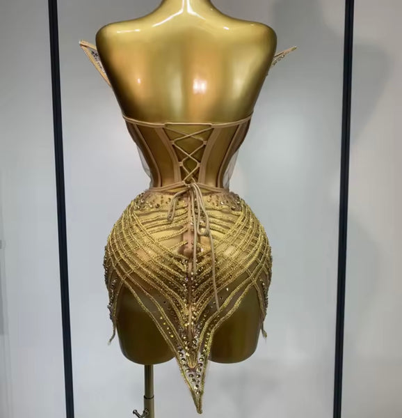 Women Sexy Strapless Rhinestone Mesh Lace Up Dress