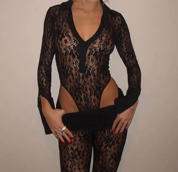 Women Sexy Collar Full Sleeve Lace Bodysuit Two Piece Pant Set