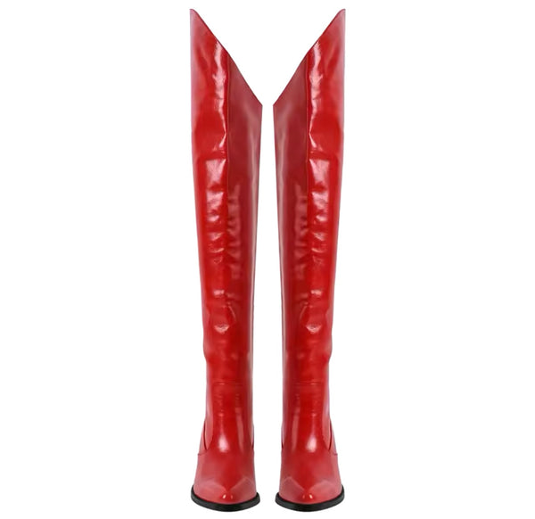 Women Red Fashion Faux Leather Knee High Western Boots