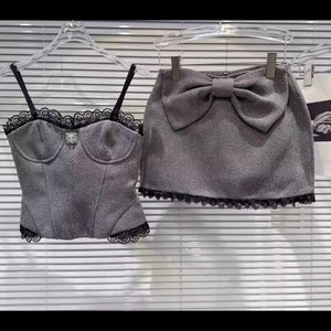 Women Sexy Sleeveless Lace Tweed Bow Two Piece Skirt Set