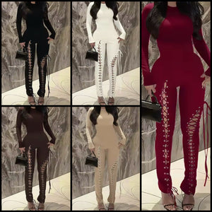 Women Color Full Sleeve Cut Out Tie Up Fashion Jumpsuit