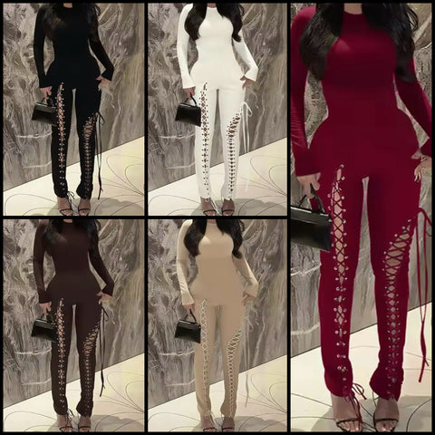 Women Color Full Sleeve Cut Out Tie Up Fashion Jumpsuit