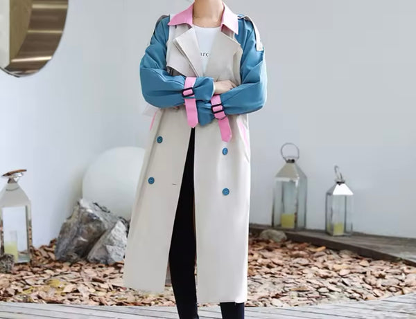 Women Fashion Color Patchwork Belted Trench Jacket