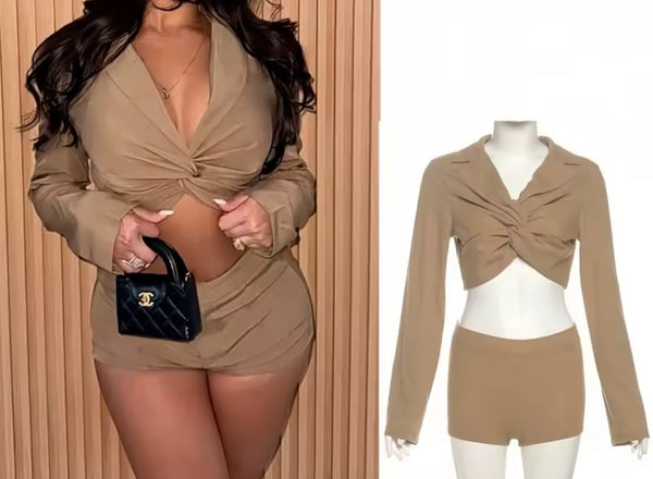 Women Solid Color Full Sleeve Crop Fashion Two Piece Short Set