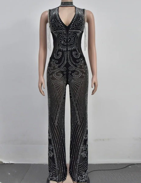 Women Sexy Sleeveless Mesh Bling Jumpsuit