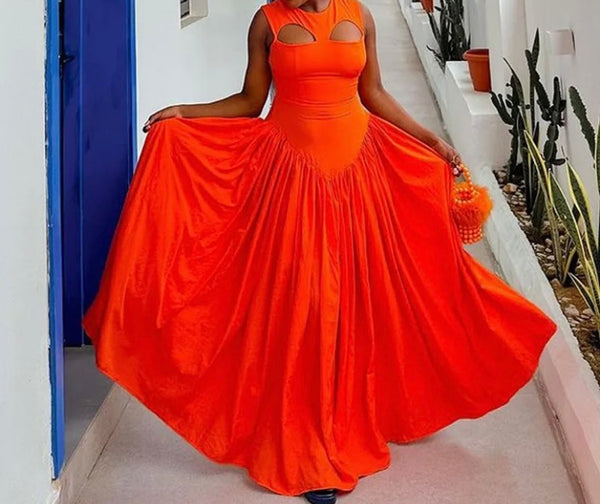 Women Orange Sexy Sleeveless Cut Out Pleated Maxi Dress