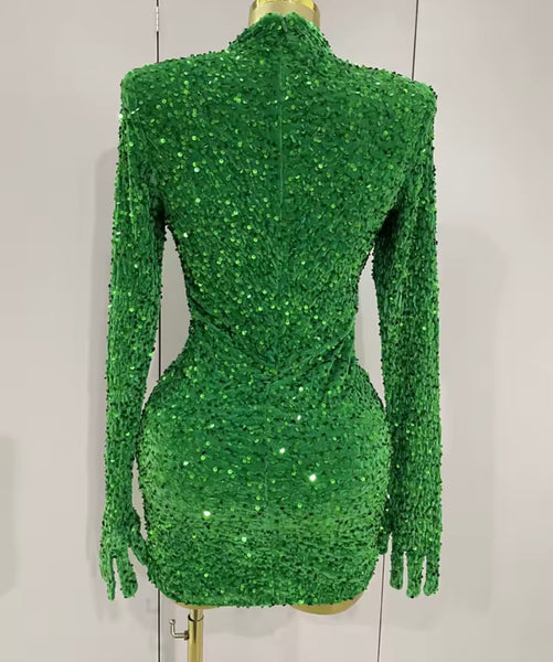 Women Green Sequins Sexy Glove Full Sleeve Ruched Dress