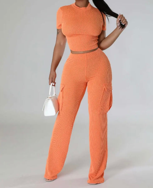 Women Solid Color Ribbed Short Sleeve Crop Two Piece Pant Set