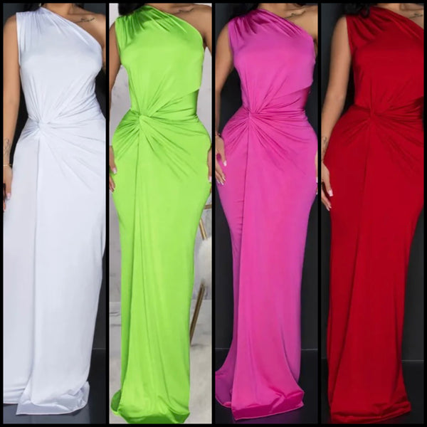 Women Sexy One Shoulder Sleeveless Color Maxi Dress