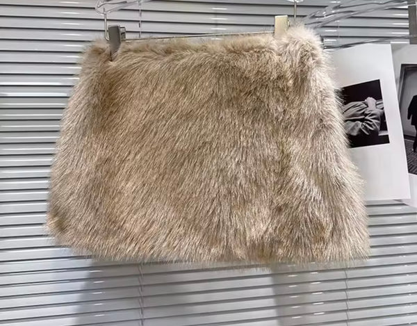 Women Sexy Fashion Faux Fur Full Sleeve Two Piece Skirt Set