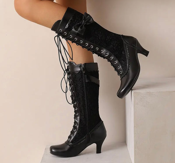 Women Fashion Lace Bow Faux Leather Lace Up Boots