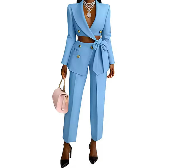 Women Fashion Cut Out Full Sleeve Blazer Two Piece Pant Set