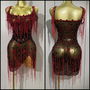 Women Sexy Sleeveless Black Beaded Crystal Tassel Mesh Dress