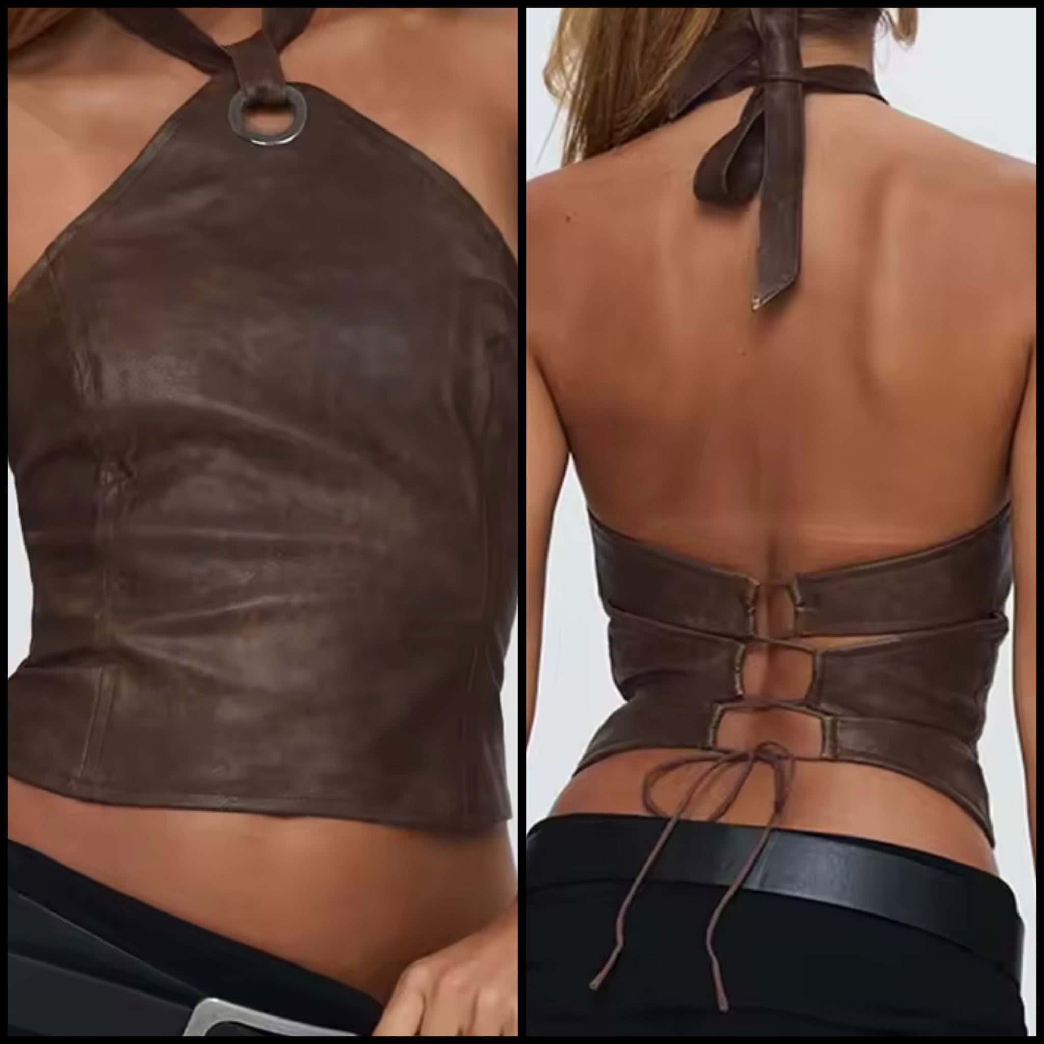 Women Halter Sleeveless Brown Faux Leather Crop Top