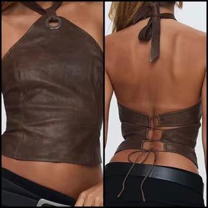 Women Halter Sleeveless Brown Faux Leather Crop Top