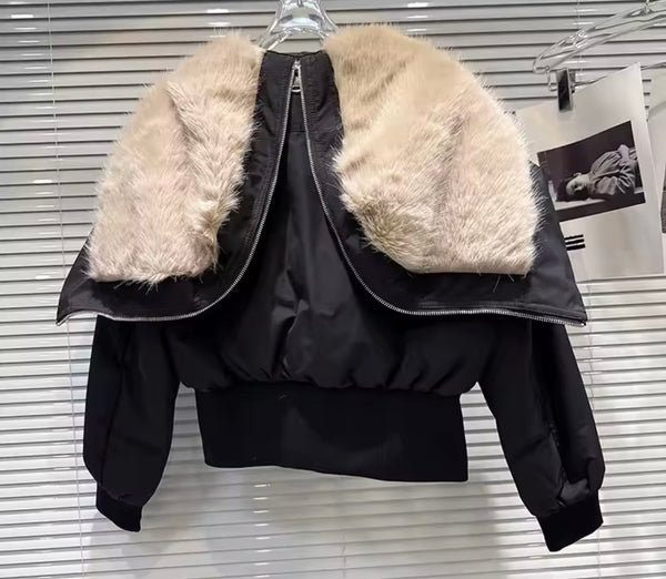 Women Fashion Black Zipper Faux Fur Jacket