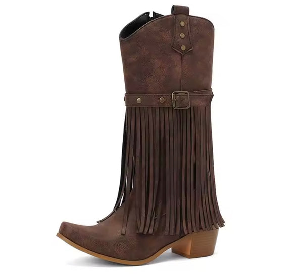 Women Fashion Fringe Tassel Knee High Western Boots