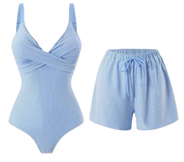Women Blue Striped Swimsuit Shorts Cover Up Set