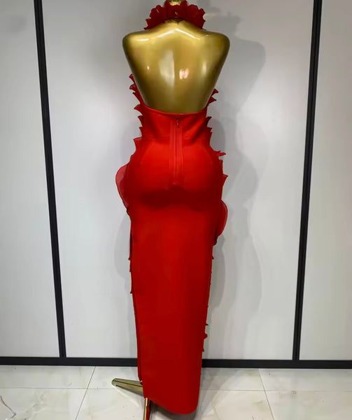 Women Red Sexy Halter Sleeveless Ruffled Maxi Dress