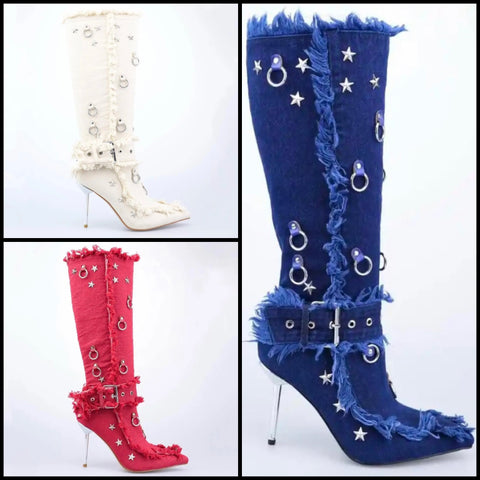 Women Fashion Fringe Star Buckled Denim Knee High Boots