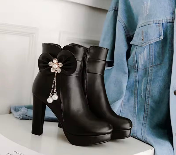 Women Fashion Bling Bow Pearl Tassel High Heel Ankle Boots
